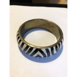 Vintage Black/Ivory Enamel Animal Zebra Print Wide Brass Bracelet 8”